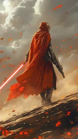 Hooded sci fi warrior stands on ridge with glowing red blade