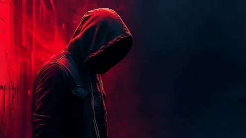 Hooded figure in red-lit alley fading into dark void.