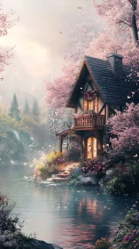Dreamlike cottage nestles by a cherry blossom riverbank.