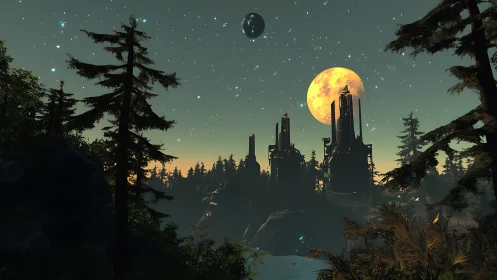 Lunar-lit futuristic towers rising beyond dense forest canopy.