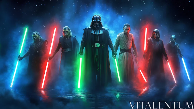 Cinematic digital painting of iconic lightsaber duelists lineup.