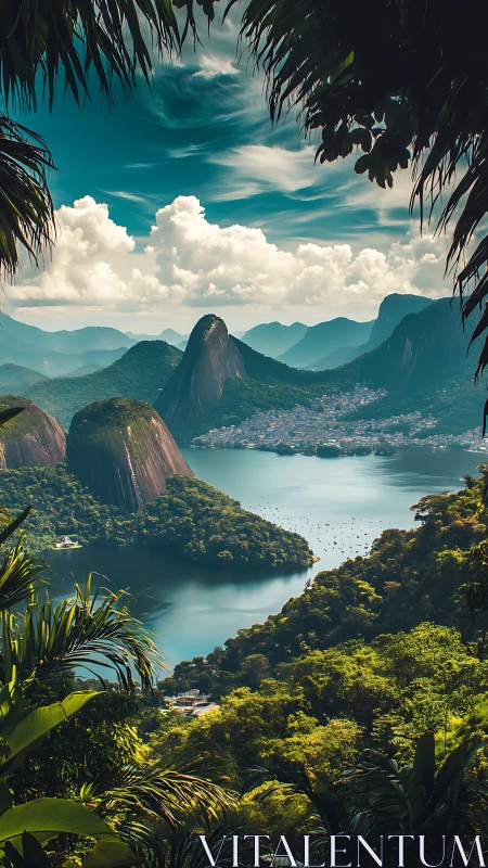 Tropical bay landscape shows steep granite peaks and dense forest