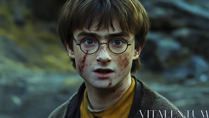 Battle-worn boy in glasses rendered with dramatic photorealism