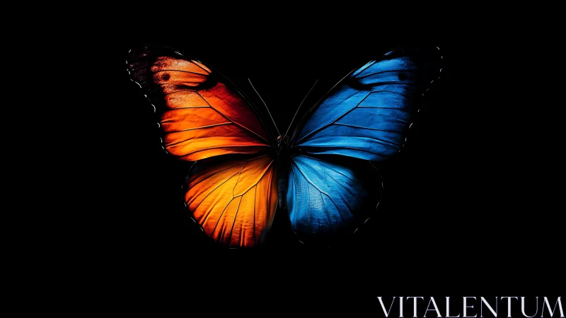Vivid orange and blue butterfly glows against deep black