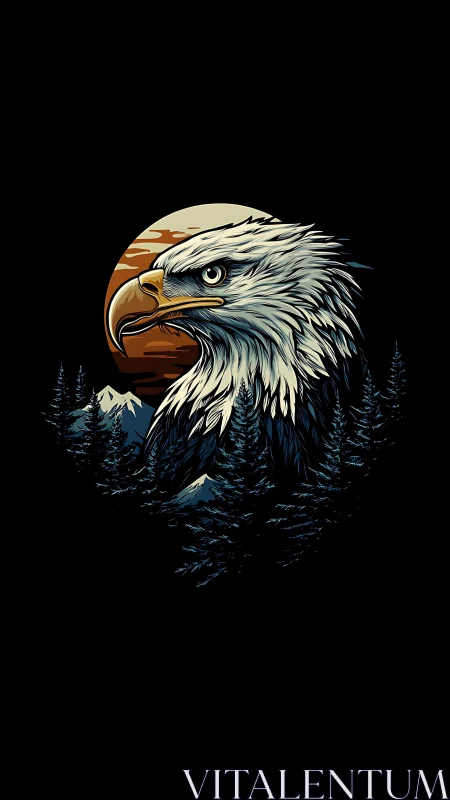 Stylized bald eagle portrait against moonlit alpine forest