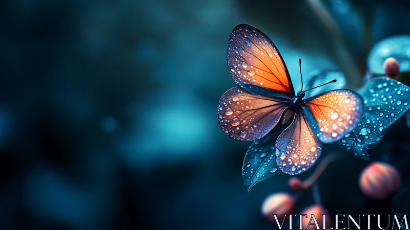 Orange butterfly with water droplets on blue foliage at dusk.