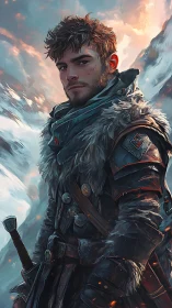 Digital painting of armored winter ranger in icy highlands.