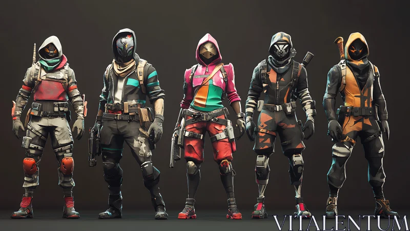 Hooded neon mercenary squad lined up for urban mayhem.