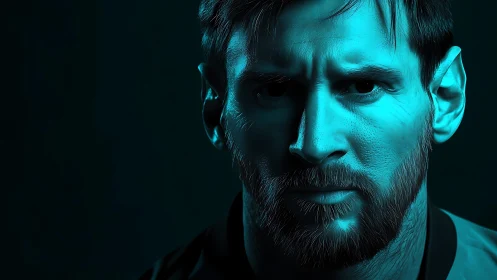 Moody teal portrait of a focused bearded football warrior.