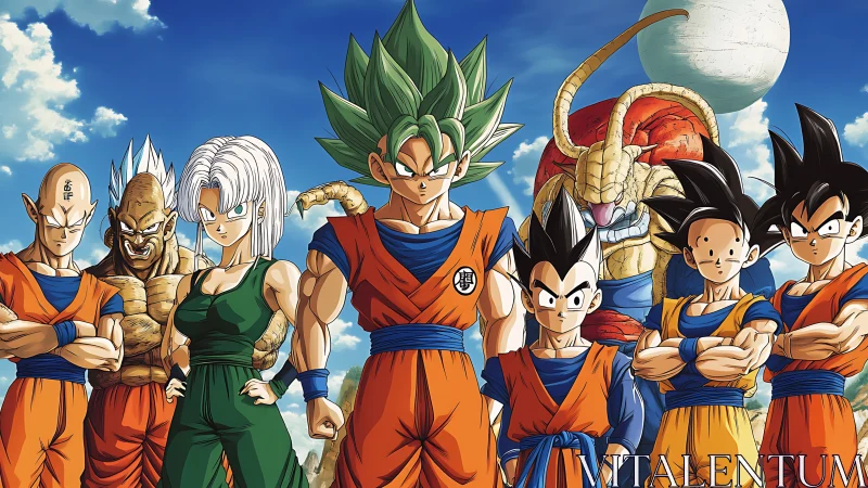 Anime warrior lineup under dramatic sky in high saturation