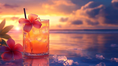 Tropical Sunset Cocktail with Plumeria Floral Garnish.