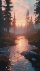 Sunset river whispering through mist-draped evergreen forest.
