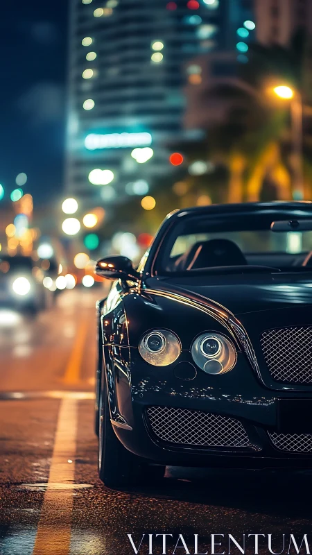 Luxury coupe rendered in cinematic neon night cityscape