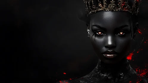 Midnight crown and ember eyes in a fiercely calm portrait.