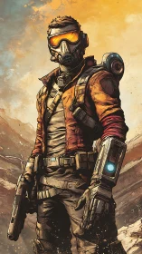 Masked wasteland gunslinger stands in blazing desert light.