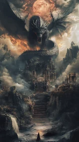 Volcanic sky wyrm guarding terraced citadel approach stairway.