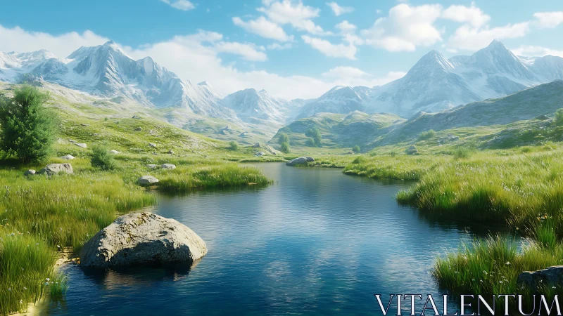 Photoreal mountain valley stream with glacial backdrops.