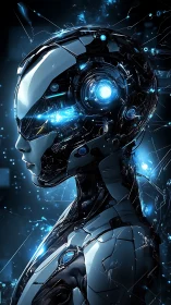 Cybernetic humanoid android glows with electric blue cores.