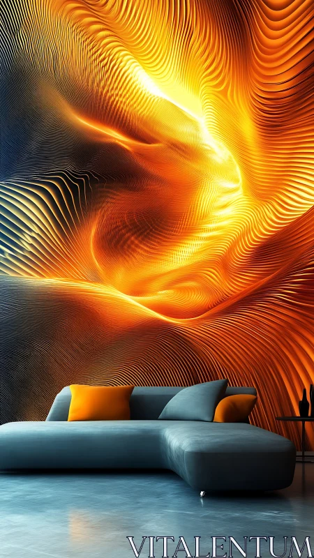 Glowing abstract wave mural adds bold warmth to modern lounge
