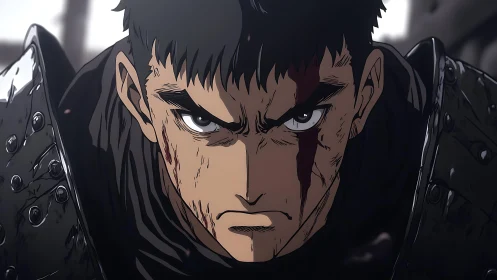 Battle-hardened anime warrior rendered with high-contrast cel shading