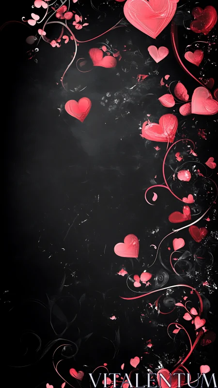 Pink Hearts and Florals on Black Background