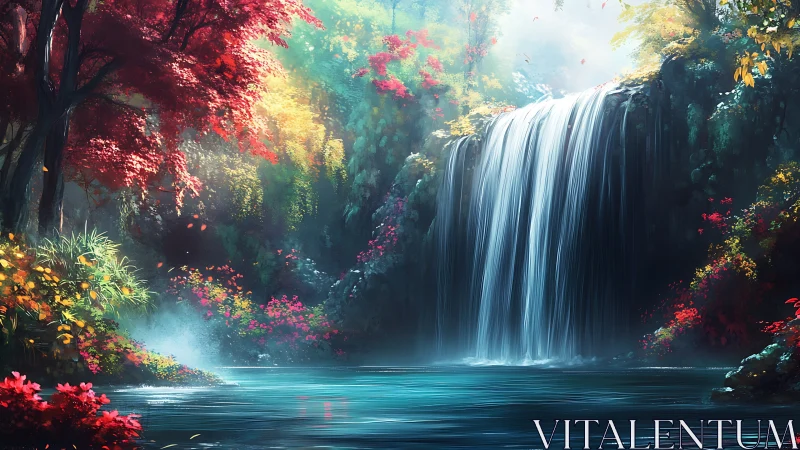 Vibrant forest waterfall pours into clear turquoise pool