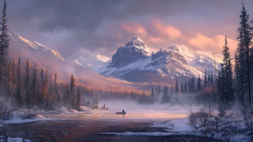 Solitary boat crosses a misty alpine lake at winter sunrise