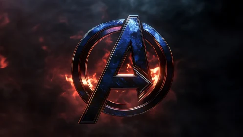 Metallic letter emblem glows over dark burning clouds