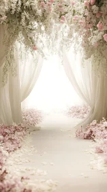 Ceremonial aisle with cascading white florals and soft drapery