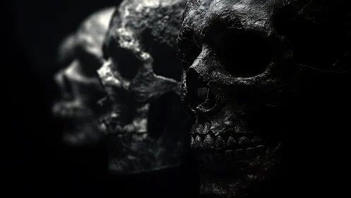 Three patient skulls listen quietly to the dark around them