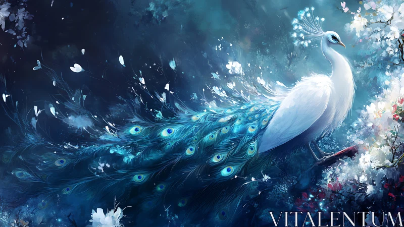 Moonlit white peacock drifting through a dream garden.