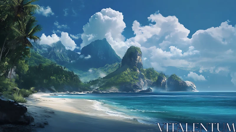 Tropical Coastal Landscape with Limestone Formations and Beach