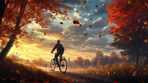 Cyclist silhouette pedaling through autumn landscape with falling maple leaves and golden sunset ill