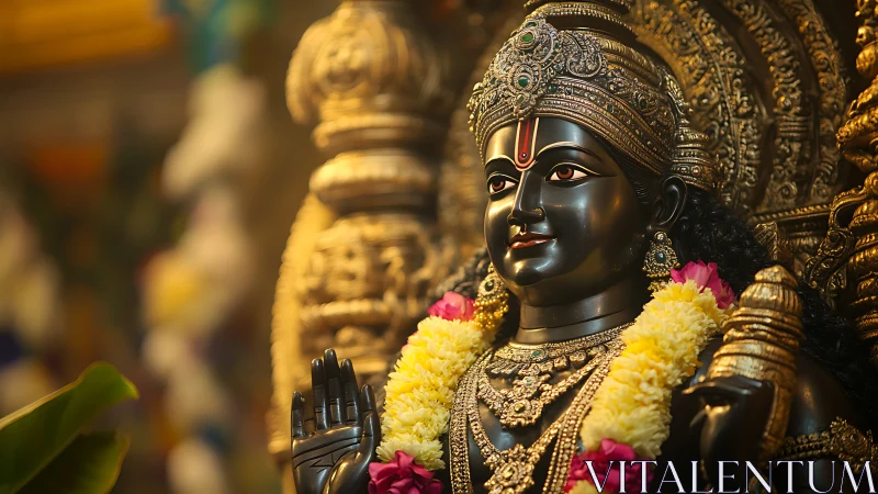 Peaceful Hindu deity statue adorned with flowers and gold.