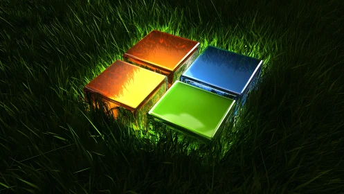 Glossy 3D Colored Squares in Grass, Digital Art Rendering.