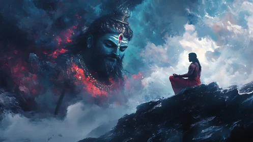 Meditating figure facing colossal celestial head in clouds.