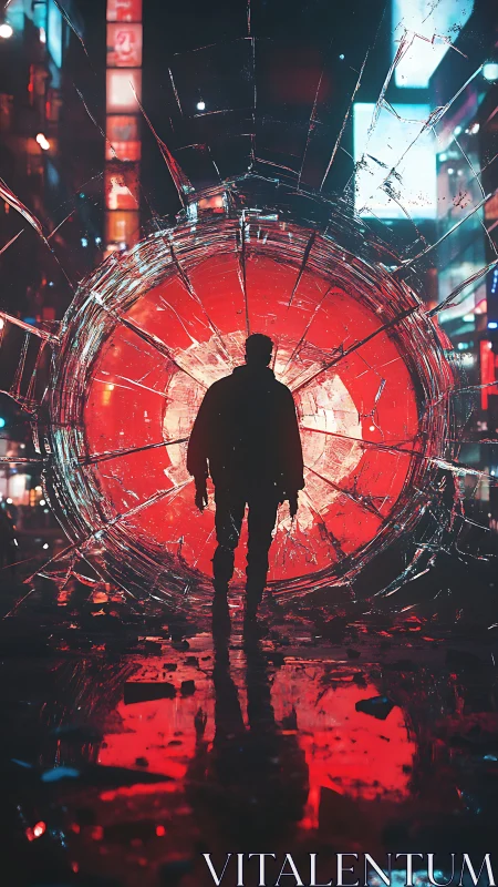 Shattered neon portal crowns a lone wanderer in crimson storm.