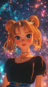 Starlit girl studies galaxies swirling softly around her