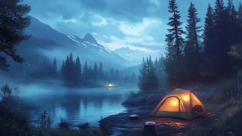 Twilight lakeside campsite with illuminated tent and alpine ridge