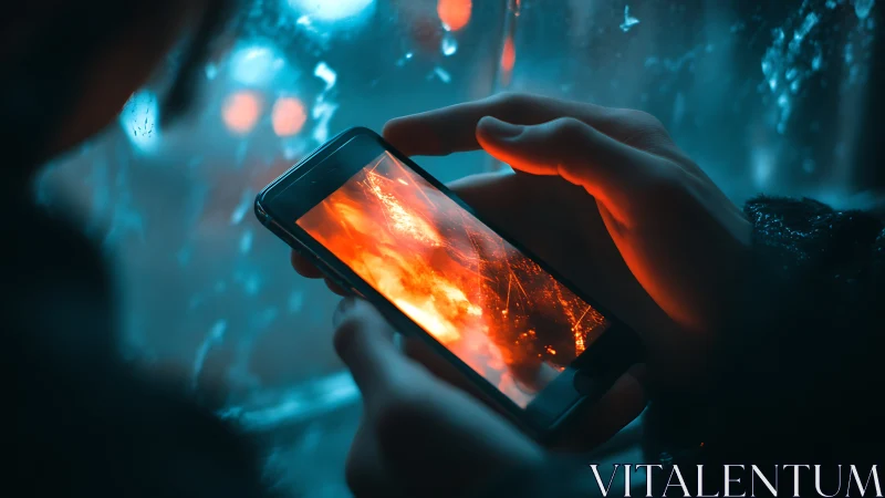 Luminous Phone Holds Fire: Contrast of Digital Light and Flame.