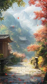 Autumn path to misty mountain temples and quiet daydreams.