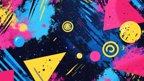 Geometric shapes overlay a dark field with layered paint effects