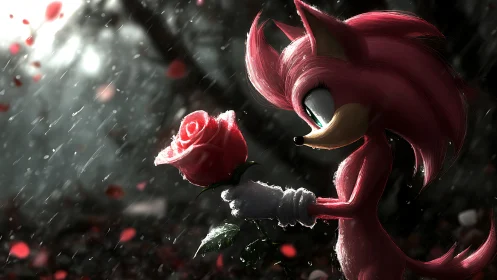 Pink hedgehog cradles glowing rose in rain-soaked silence.