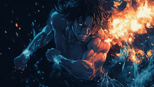 Fierce flame fighter charging through swirling night fire.