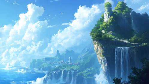 Ethereal Cliff Kingdom: Cascading Waterfalls Above Serene Blue Bay