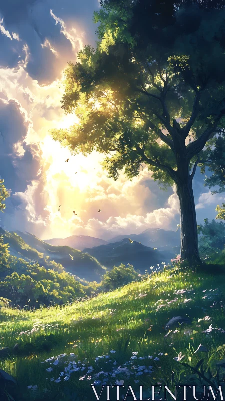 Backlit hillside tree anchors sunlit valley under volumetric clouds