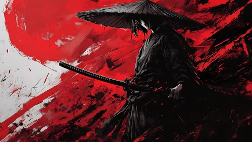 Lone ronin silhouette framed by abstract red ink storm.