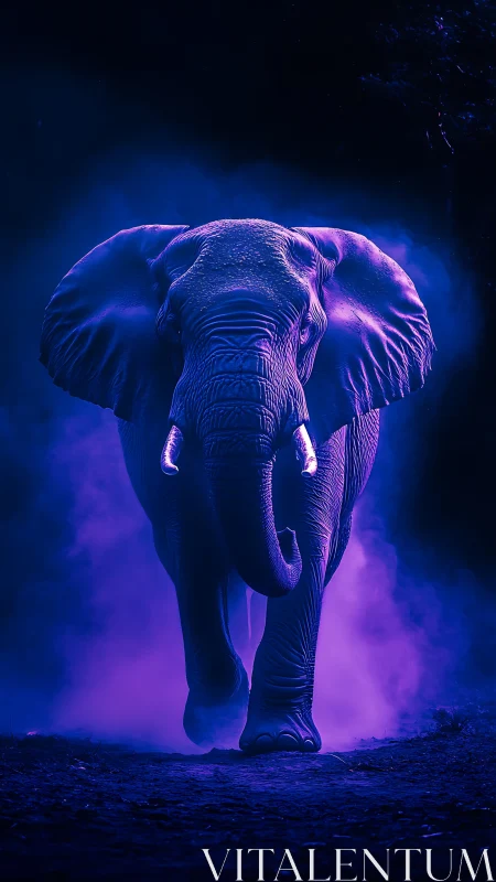 Elephant in frontal view within dense purple atmospheric haze.