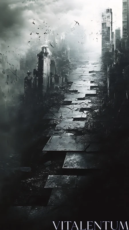 Post-apocalyptic city ruins with fractured stone road.