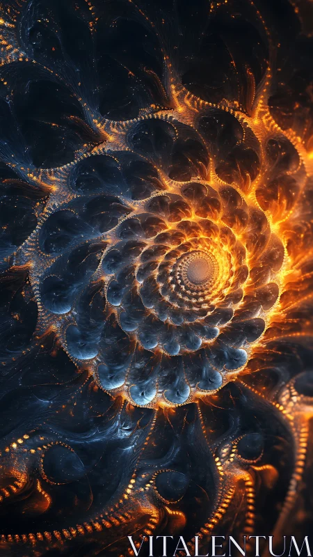 Fiery spiral fractal pattern in dark abstract space.
